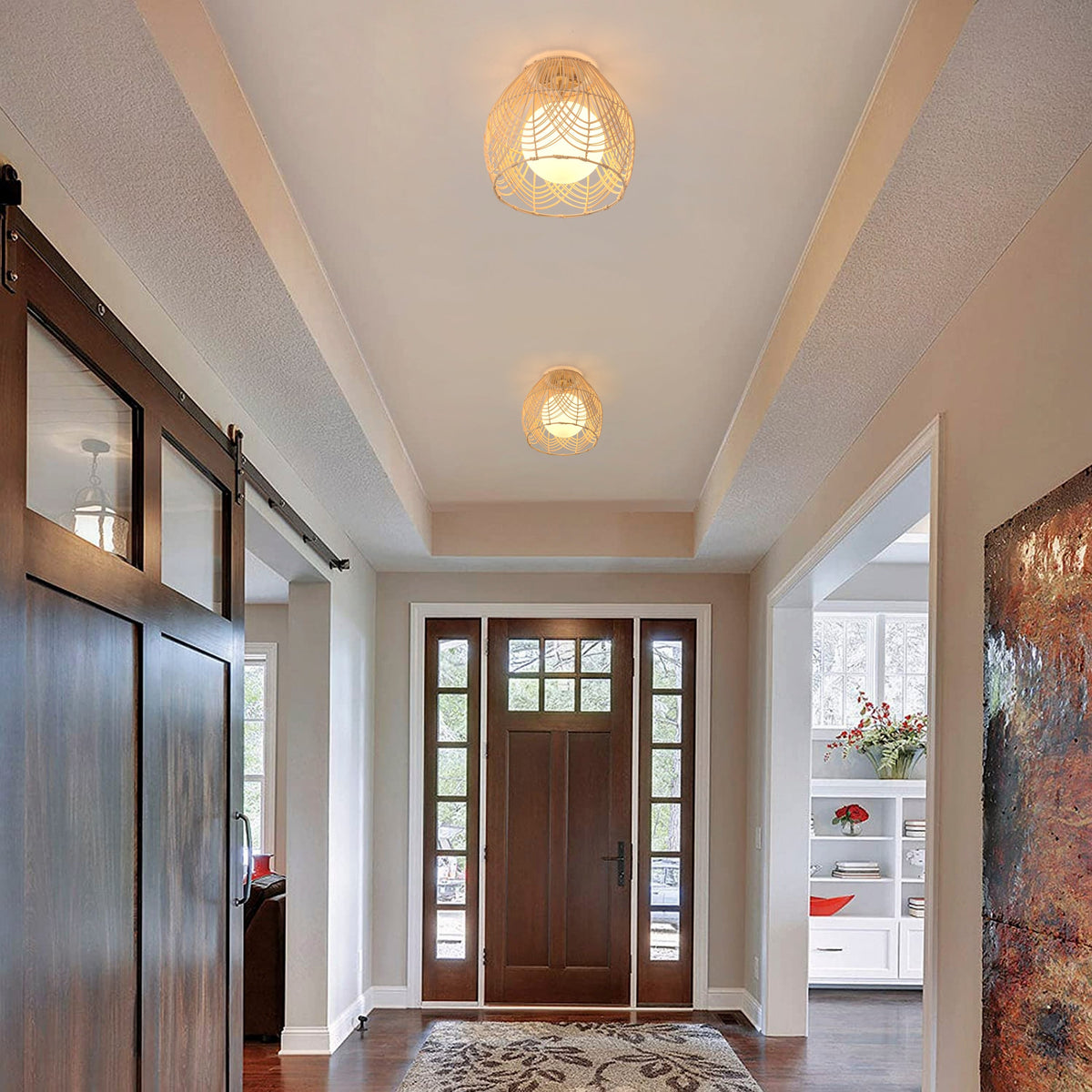 1-Light Boho Rattan Ceiling Light Woven Rattan Semi Flush Mount