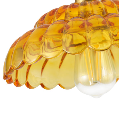 1-Light Vintage Amber Glass Pendant Light with Floral Shade