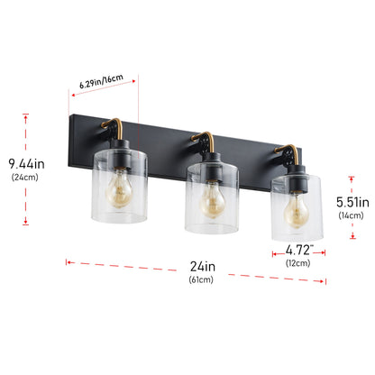 3-Lights Glass Shade Black Classic Bathroom Vanity Lighting