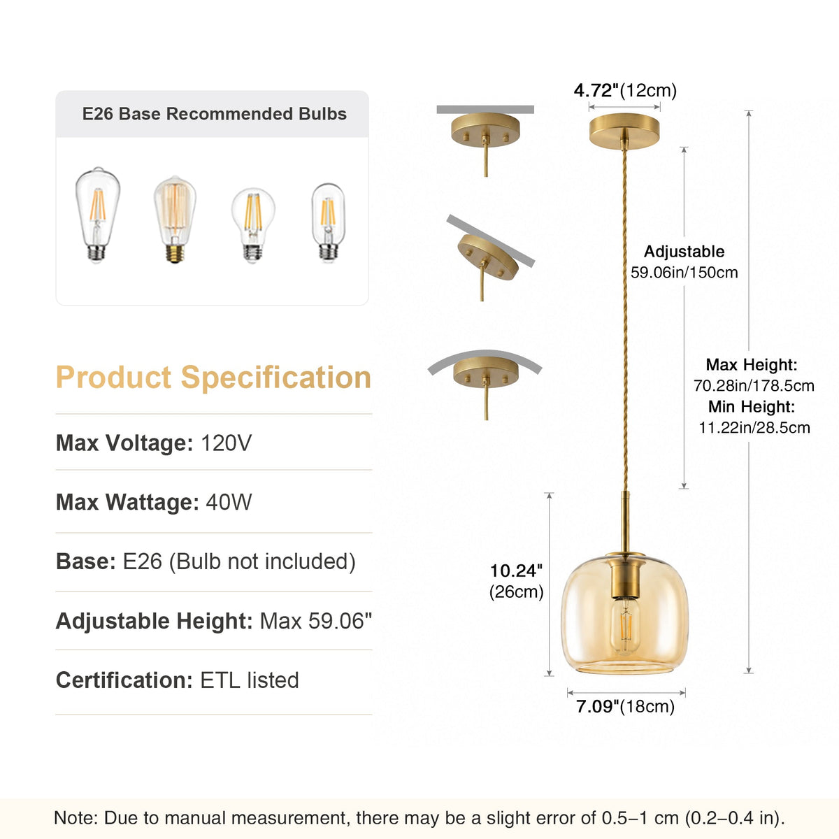 1-Light Amber Glass Pendant Light for Kitchen Island