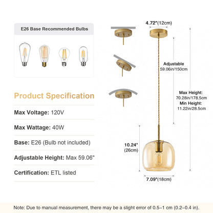 1-Light Amber Glass Pendant Light for Kitchen Island