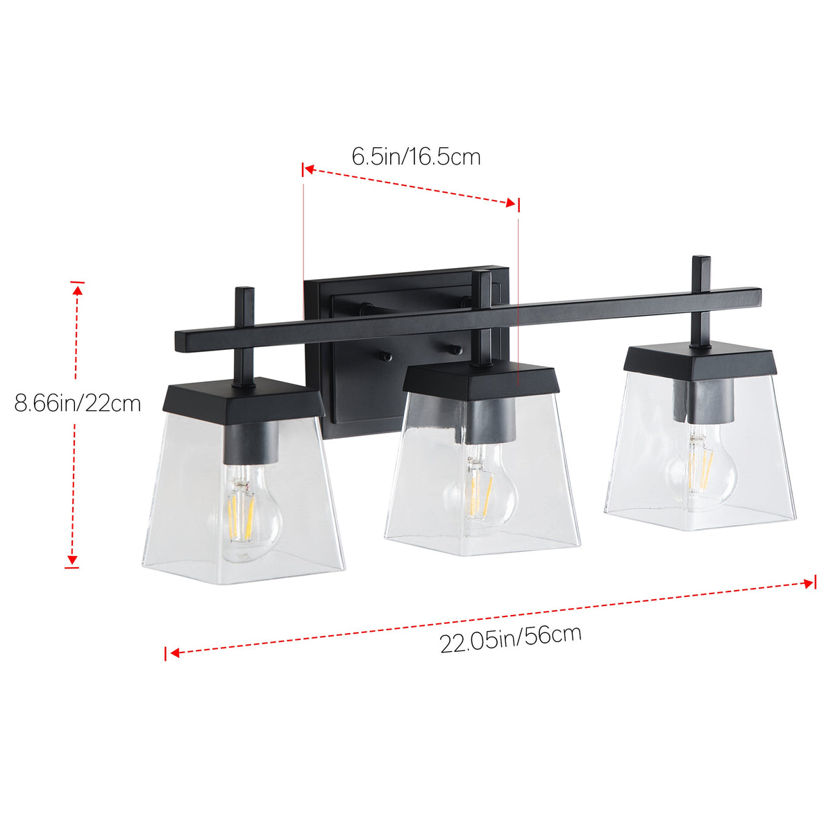 3-Light  Modern Black  Clear Glass Shade  Bathroom Vanity Light