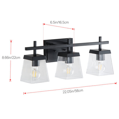 3-Light  Modern Black  Clear Glass Shade  Bathroom Vanity Light