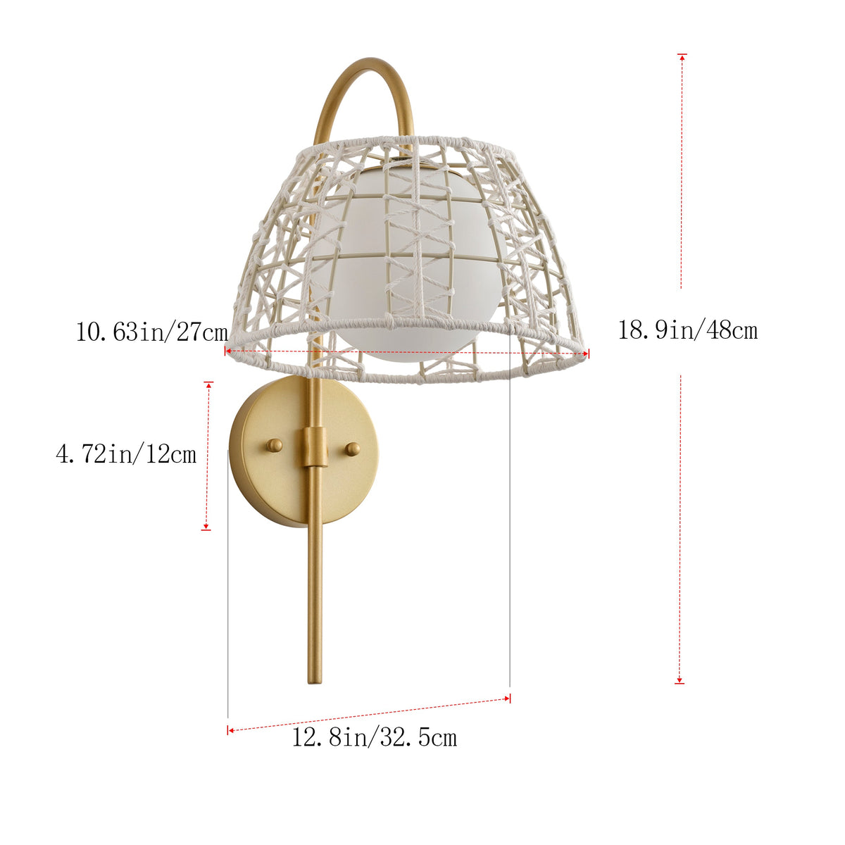 1-Light Boho Wall Sconce Gold Iron Woven Rope Shade Frosted Globe ETL Bedroom