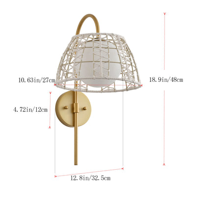 1-Light Boho Wall Sconce Gold Iron Woven Rope Shade Frosted Globe ETL Bedroom