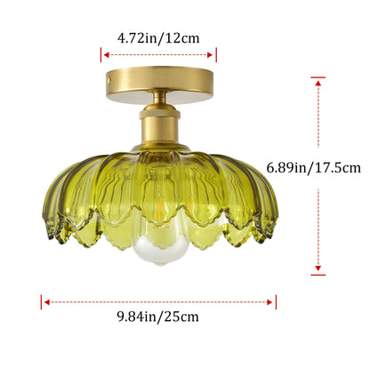 1-Light Vintage Green Glass Shade Semi Flush Mount Ceiling Light