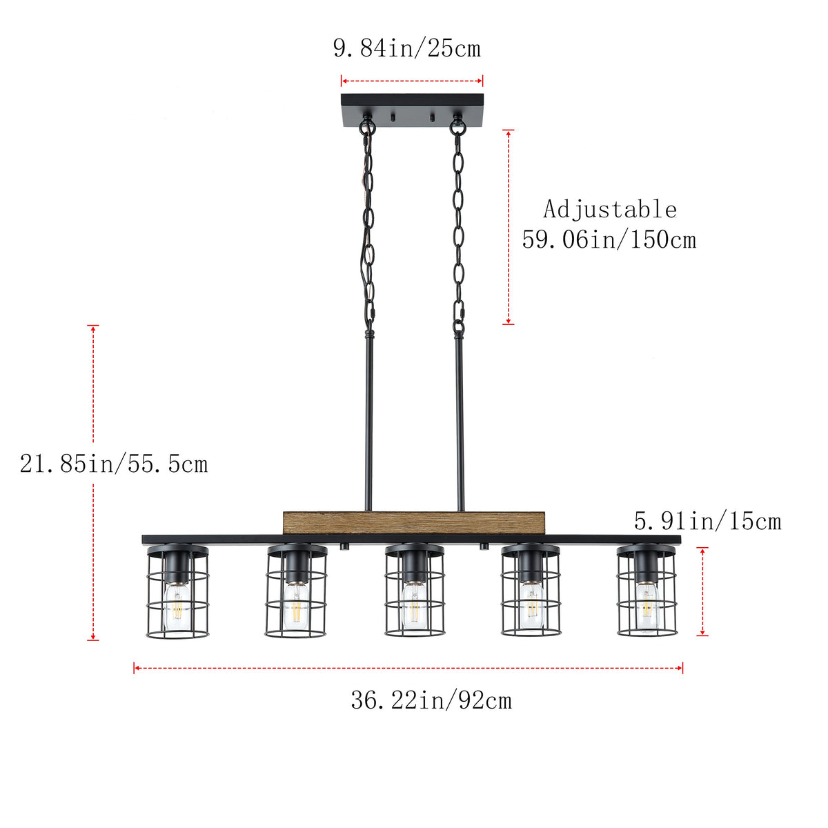 5‑Light Industrial Farmhouse Black Faux Wood  Pendant Light