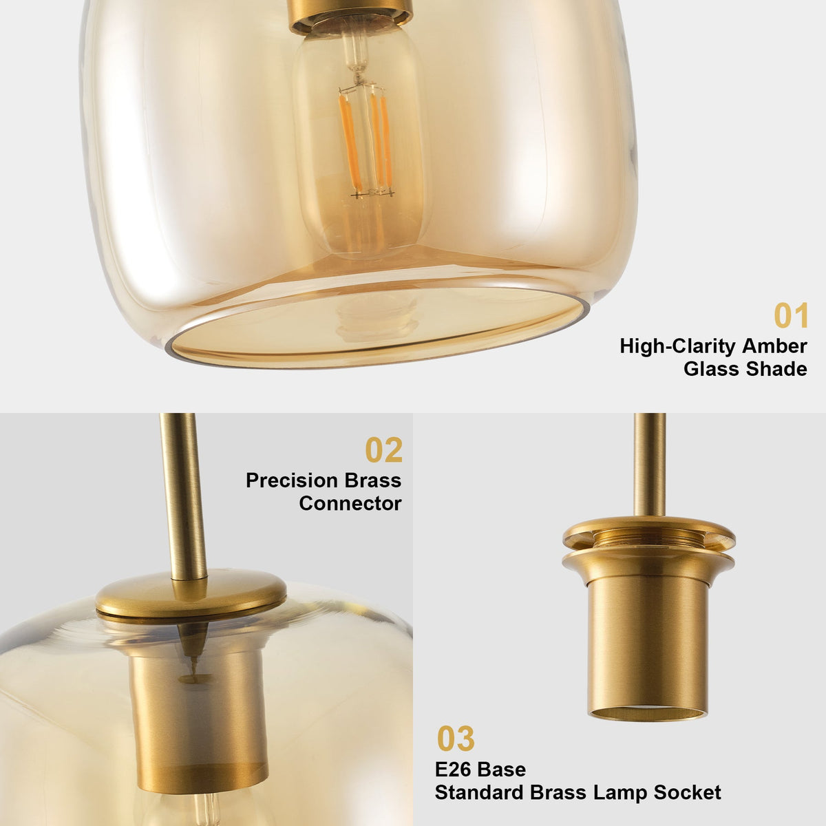 1-Light Amber Glass Pendant Light for Kitchen Island