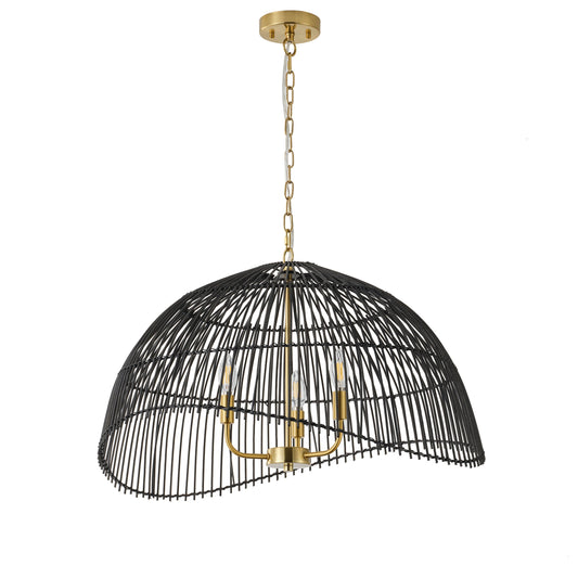 3-Light Farmhouse Dome Pendant Light Black Rattan Shade Brushed Brass Finish Kitchen Island