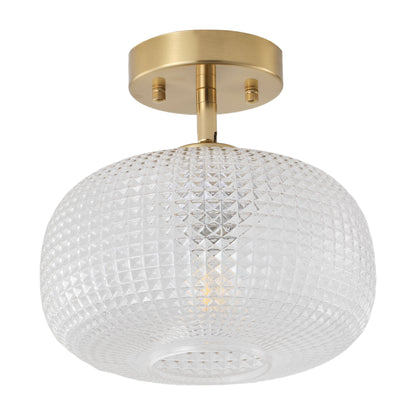 1-Light Brass Semi Flush Mount Ceiling Light Textured Glass Shade