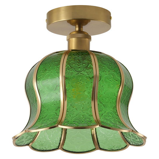 1-Light Green / Gold Semi Flush Mount Light Bedroom Glass Ceiling Light
