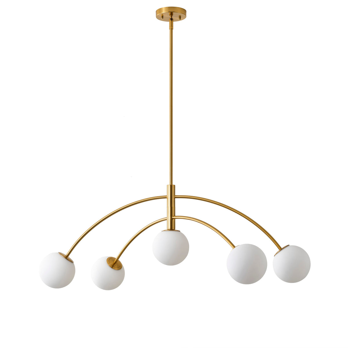 5-Light Artistic Arched Chandelier Statement Brass Metal Opal Glass Globes