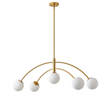 5-Light Artistic Arched Chandelier Statement Brass Metal Opal Glass Globes