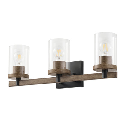 3-Lights Pine Wood Grain Color Frame with Clear Glass Shade Bathroom Vanity Lighting
