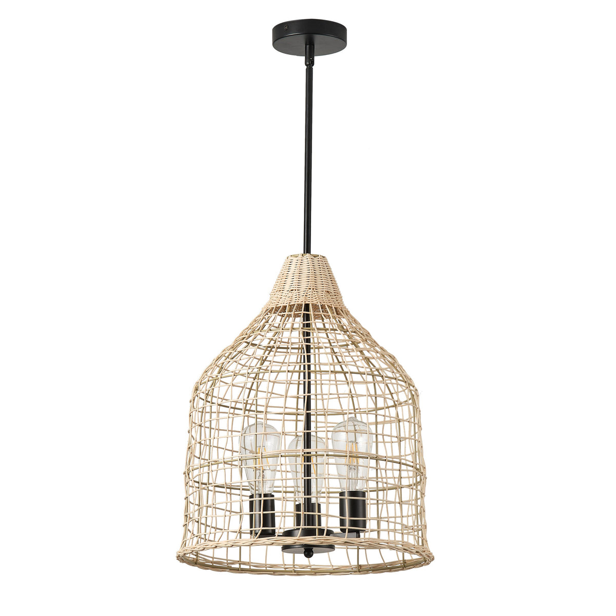 3-Lights Beige Rattan Hollow Out Design Pendant Lighting