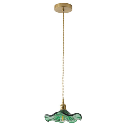 1-Light Green Glass Shade Wavy Flower Shape Pendant Light