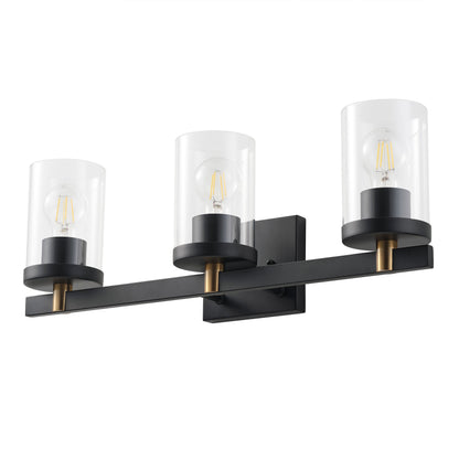 3-Lights Pine Wood Grain Color Frame with Clear Glass Shade Bathroom Vanity Lighting