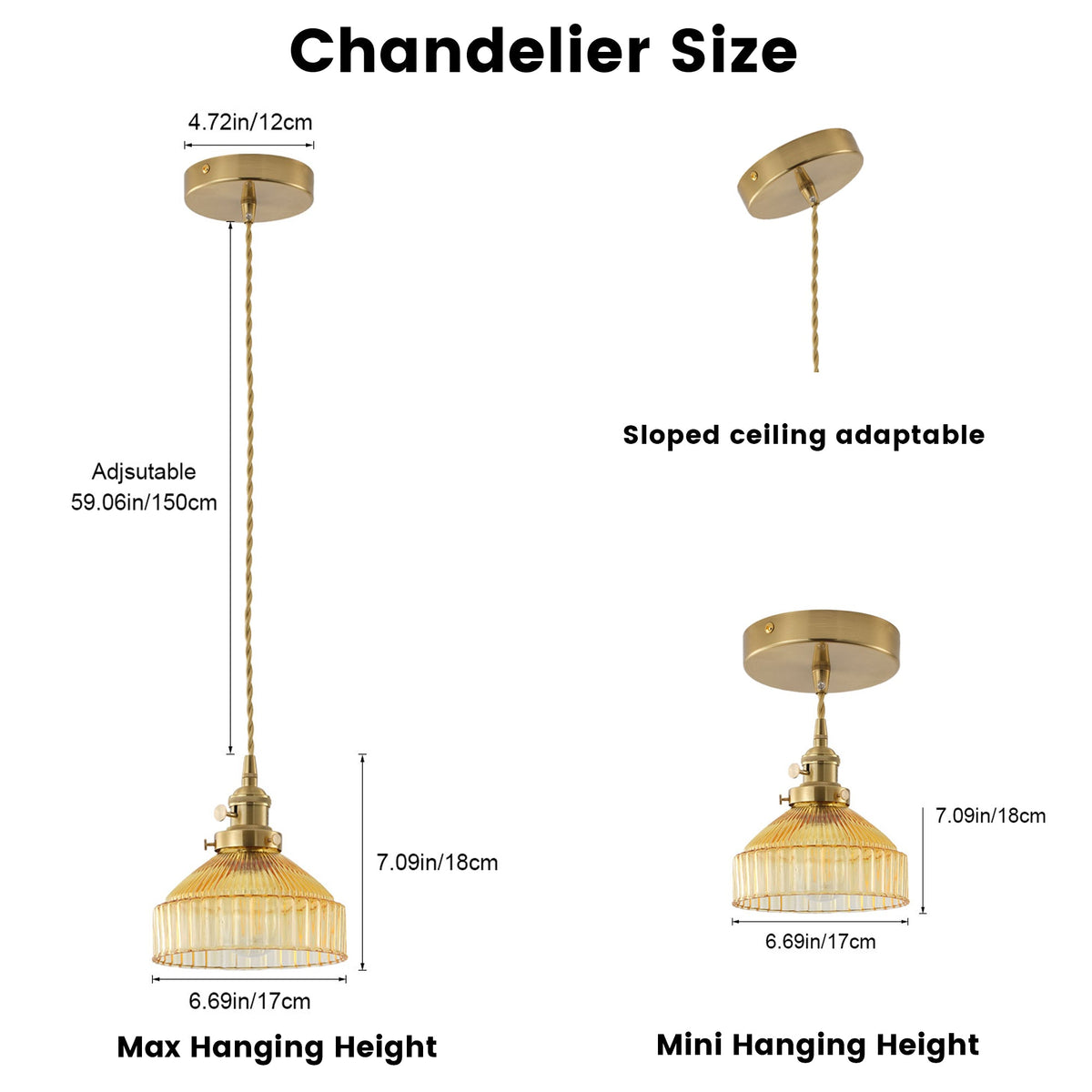 1-Light Pendant Light Ribbed Glass Brass Kitchen Island