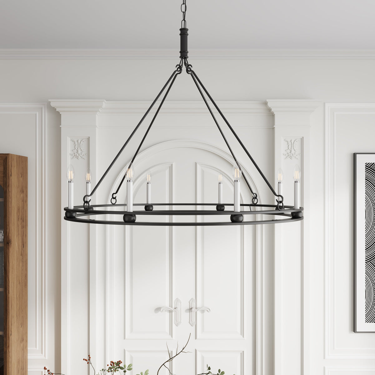 8-Lights Black Large Round Candle Chandelier