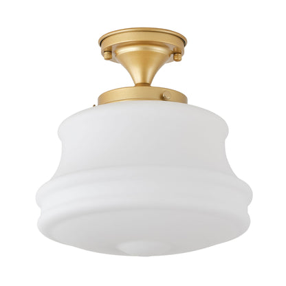 1-Light White Glass Semi Flush Mount Light Gold Fixture for Hallway Dining Room