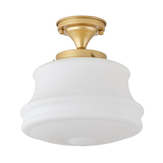 1-Light White Glass Semi Flush Mount Light Gold Fixture for Hallway Dining Room