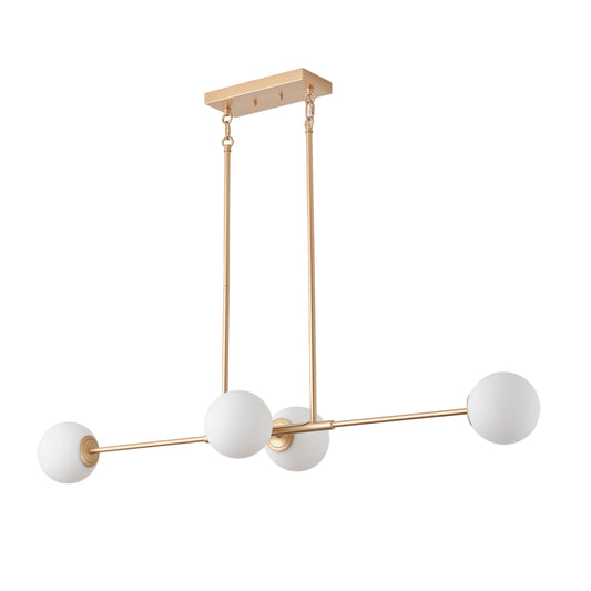 4-Light Gold Linear Chandelier with Opal Glass Globes for Dining Table