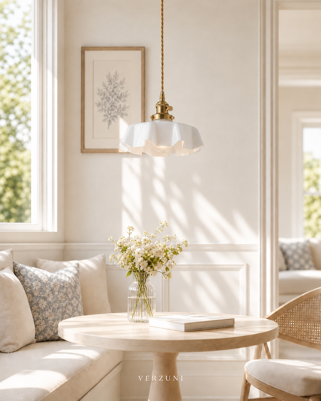 Verzuni textured glass pendant lighting a bright, lived-in dining nook