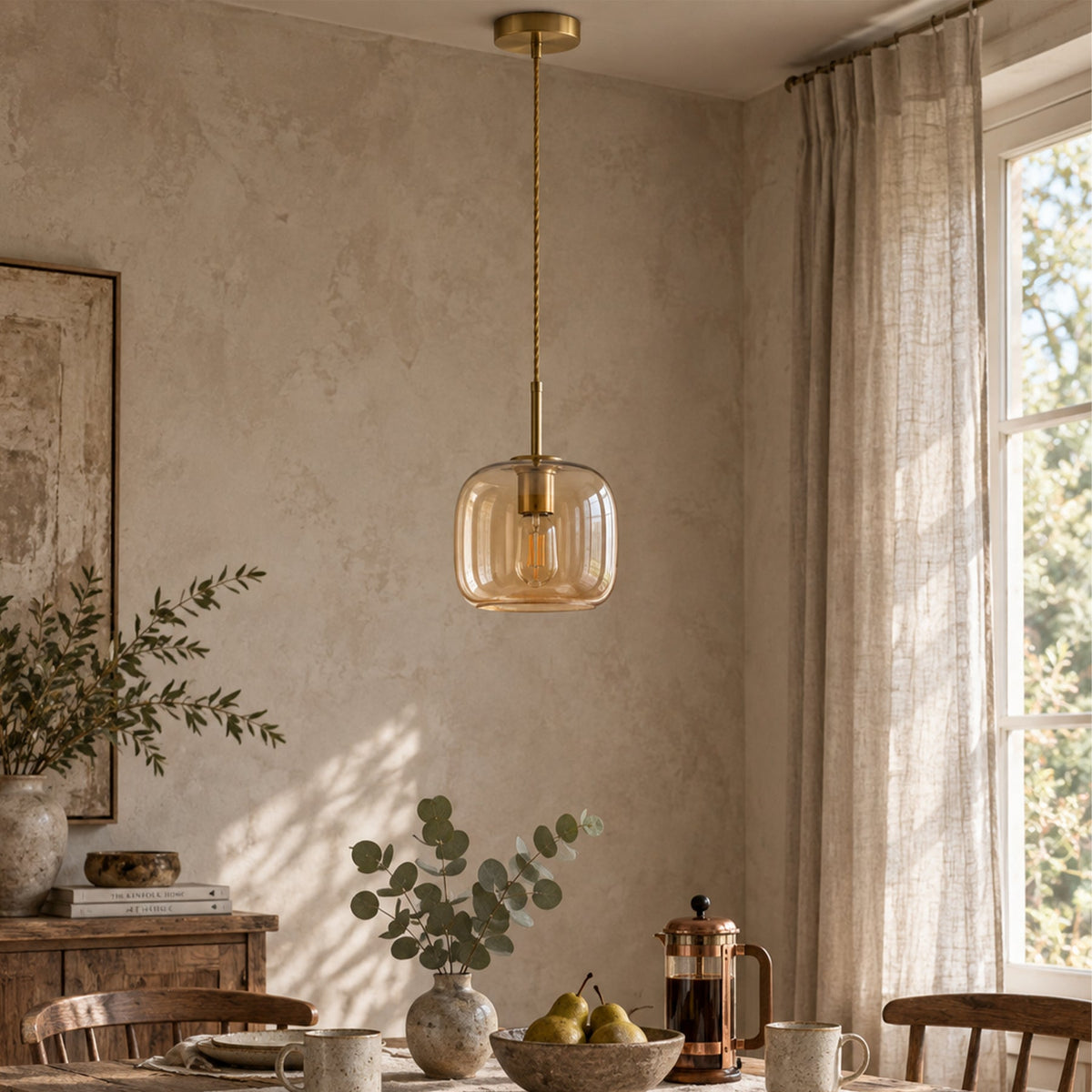 1-Light Amber Glass Pendant Light for Kitchen Island