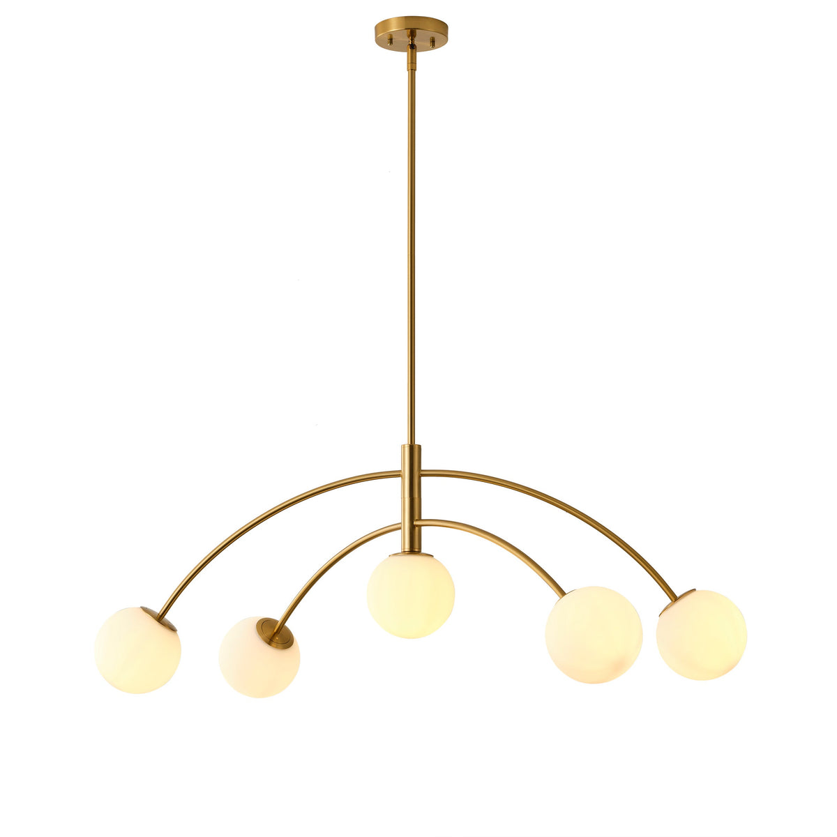 5-Light Artistic Arched Chandelier Statement Brass Metal Opal Glass Globes