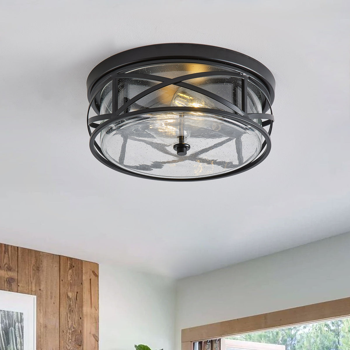 2-Lights Farmhouse Metal Cage Black Flush Mount Lighting