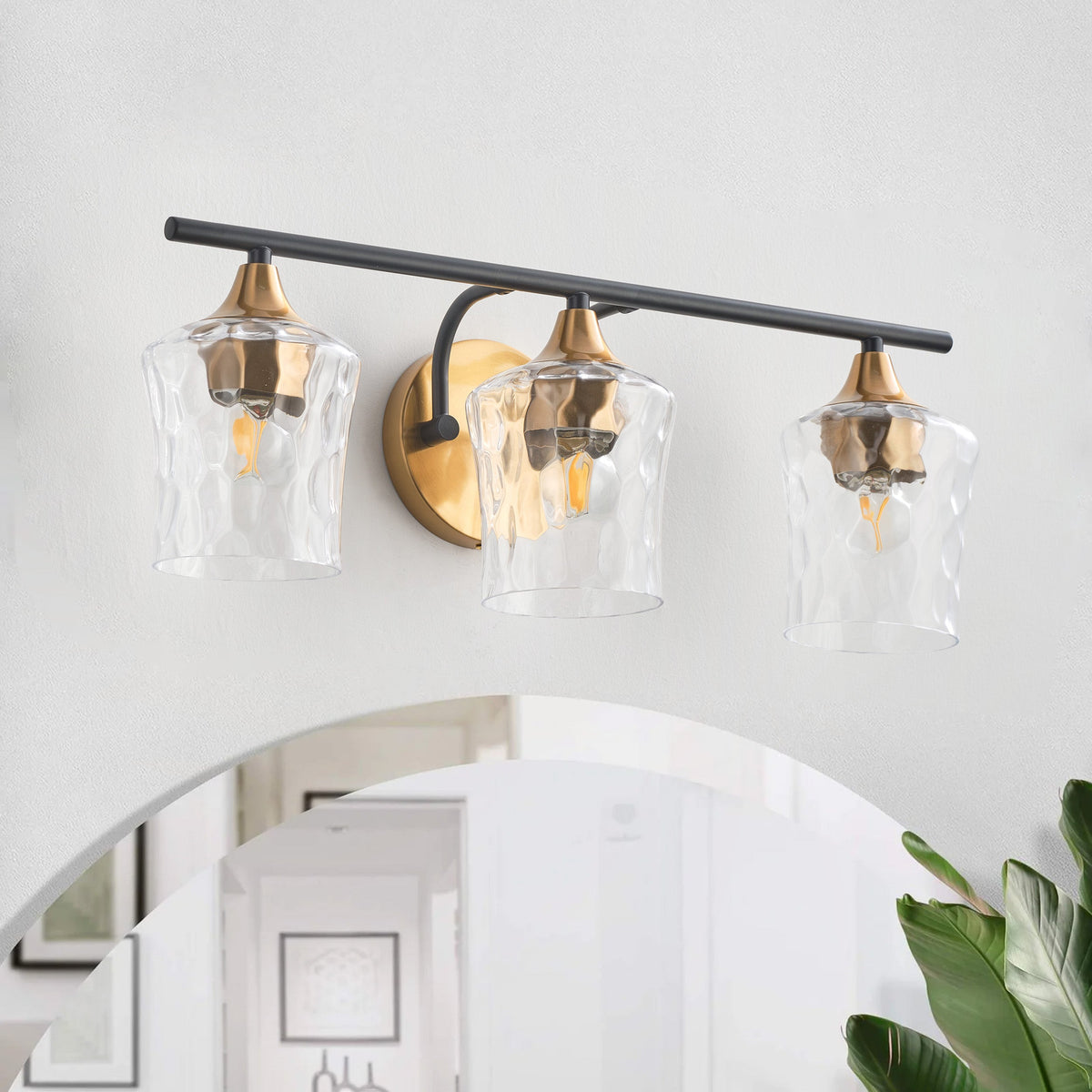 3-Lights Gold With Textured Glass Shade Bathroom Vanity Lighting