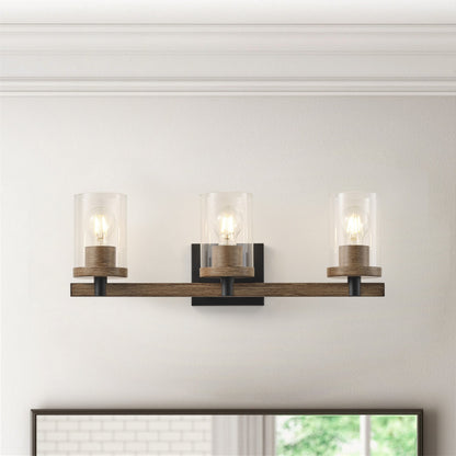 3-Lights Pine Wood Grain Color Frame with Clear Glass Shade Bathroom Vanity Lighting