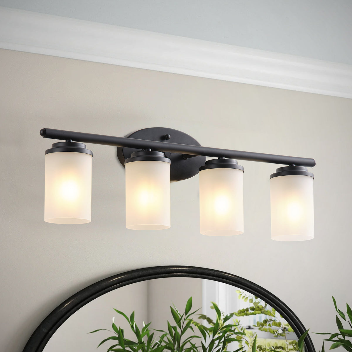 4-Light Vanity Light Over Mirror with White Cylinder Glass Shade
