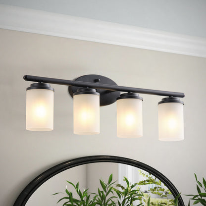 4-Light Vanity Light Over Mirror with White Cylinder Glass Shade