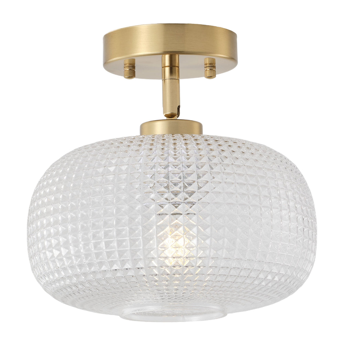 1-Light Brass Semi Flush Mount Ceiling Light Textured Glass Shade