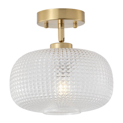 1-Light Brass Semi Flush Mount Ceiling Light Textured Glass Shade