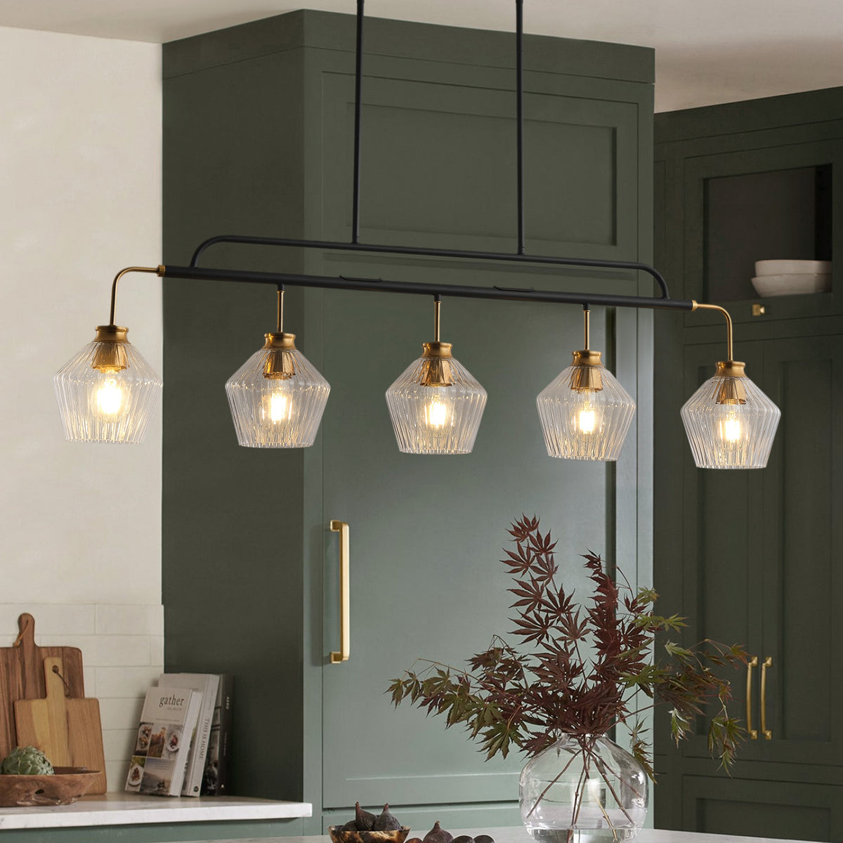 5-Lights Clear Light Striped Glass Shade Kitchen Island Lights