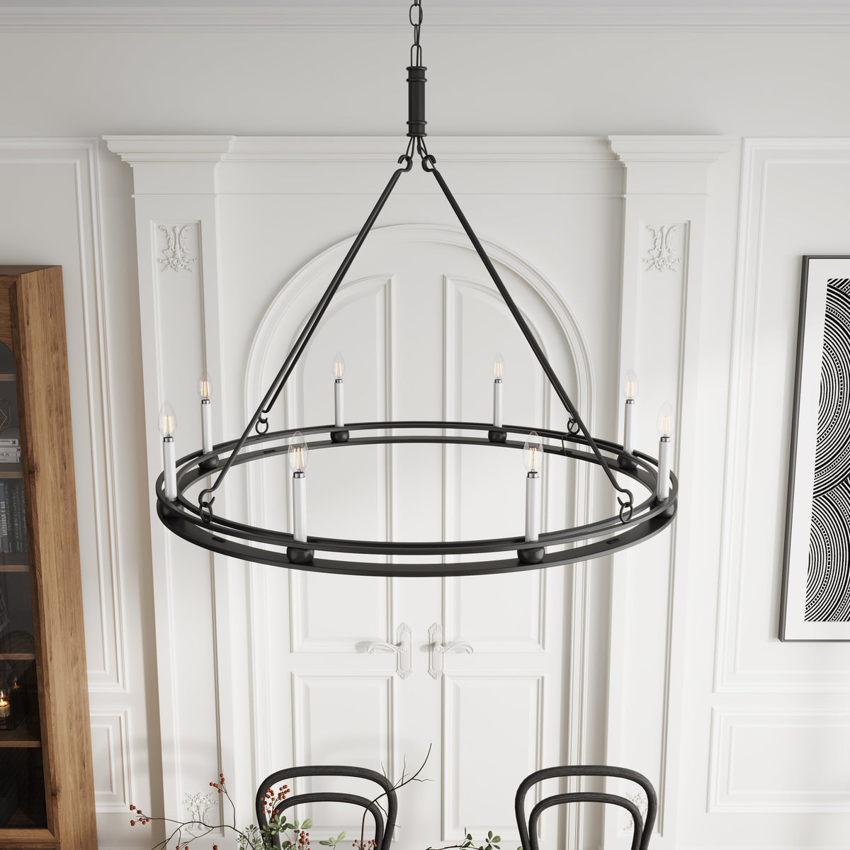 8-Lights Black Large Round Candle Chandelier
