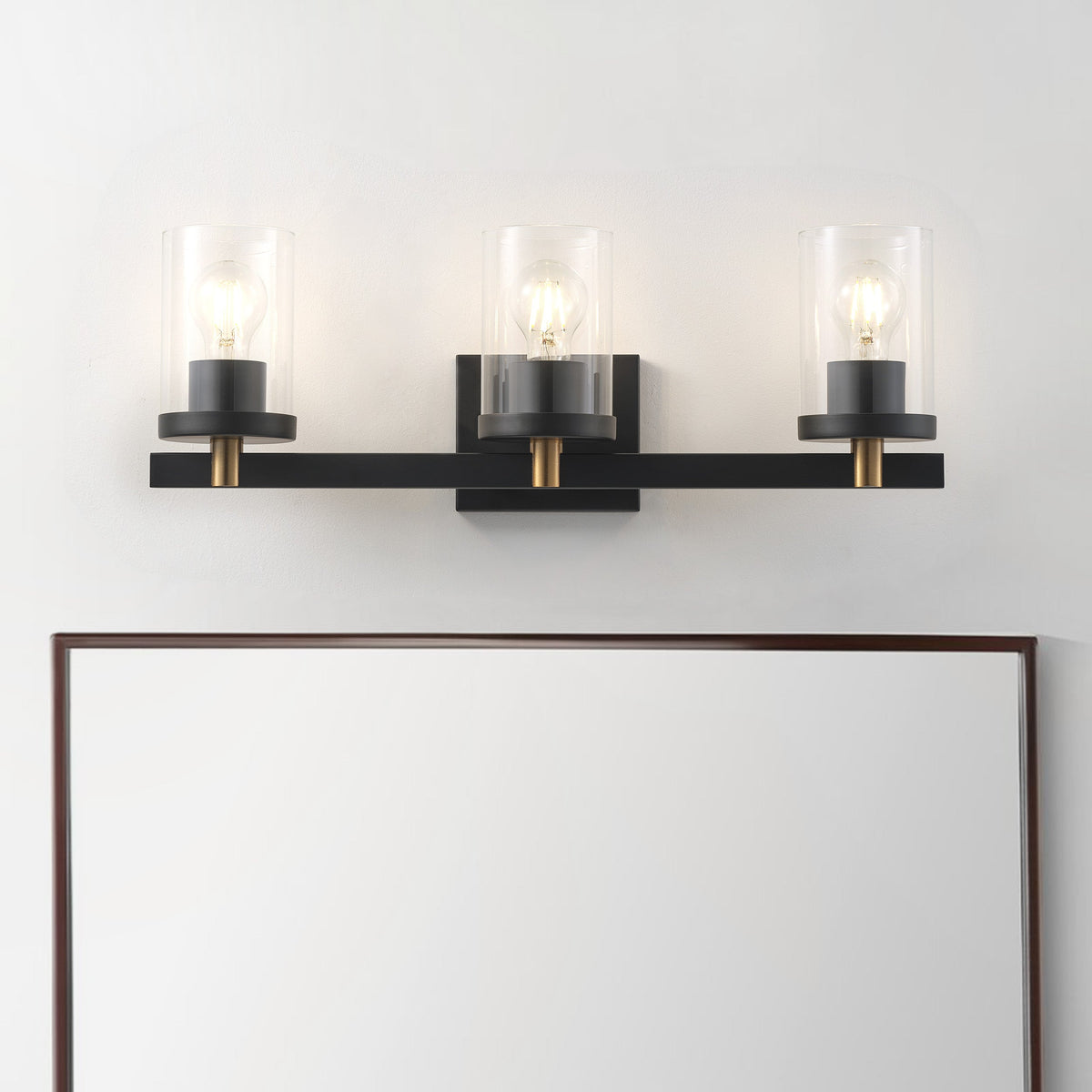 3-Lights Pine Wood Grain Color Frame with Clear Glass Shade Bathroom Vanity Lighting