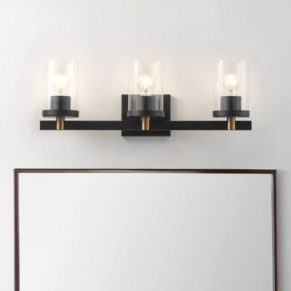 3-Lights Pine Wood Grain Color Frame with Clear Glass Shade Bathroom Vanity Lighting