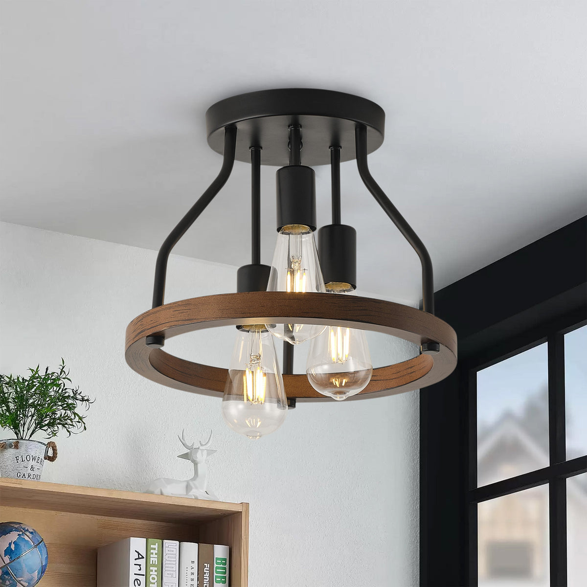 3-Lights  Skeletonized Metal Frame Semi-Flush Mount Lighting