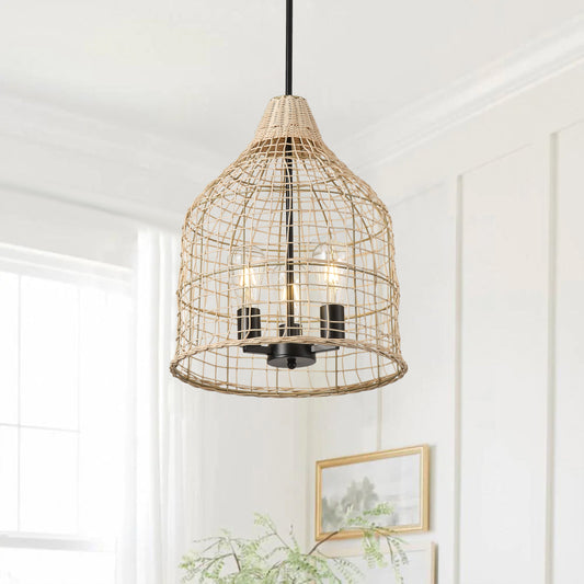 3-Lights Beige Rattan Hollow Out Design Pendant Lighting