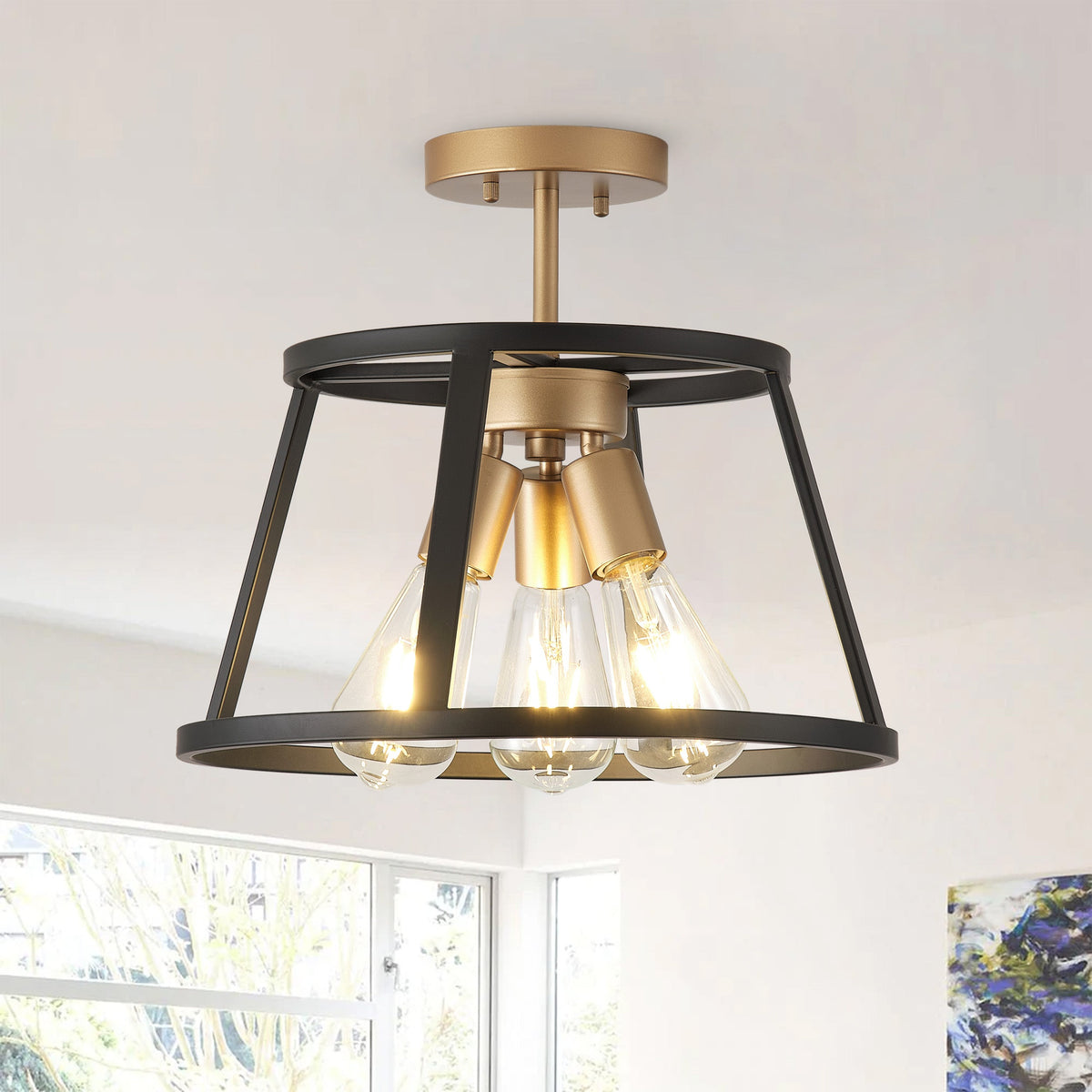 3-Lights Round Metal Frame Semi-Flush Mount Lighting