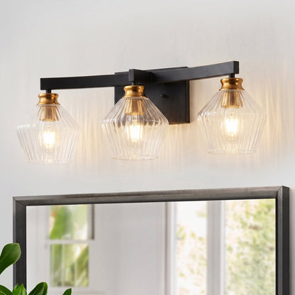 3-Light & 4-Light  Black Bathroom Vanity Light with Ribbed Glass