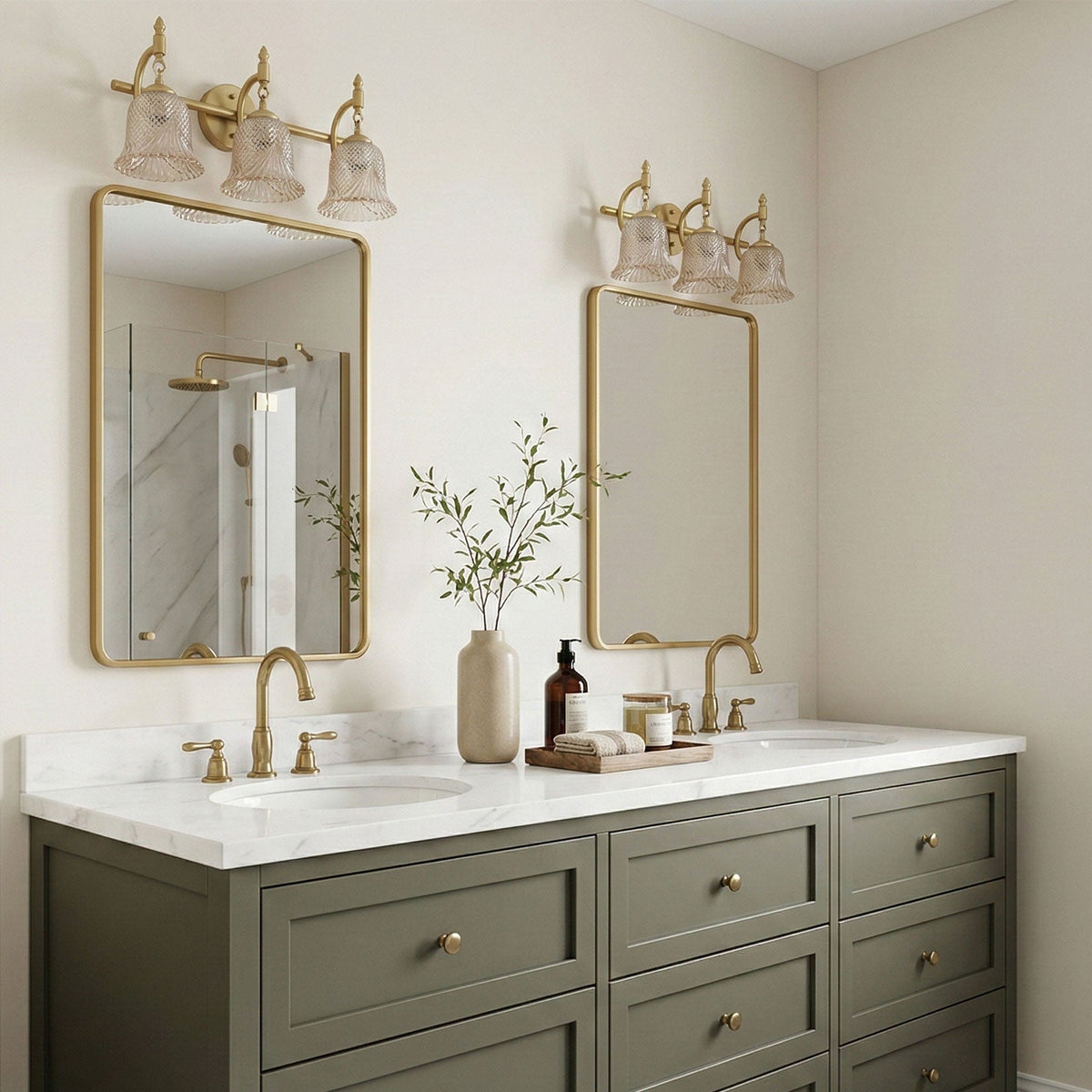 3 Light Gold Vanity Light With Amber Glass Shades