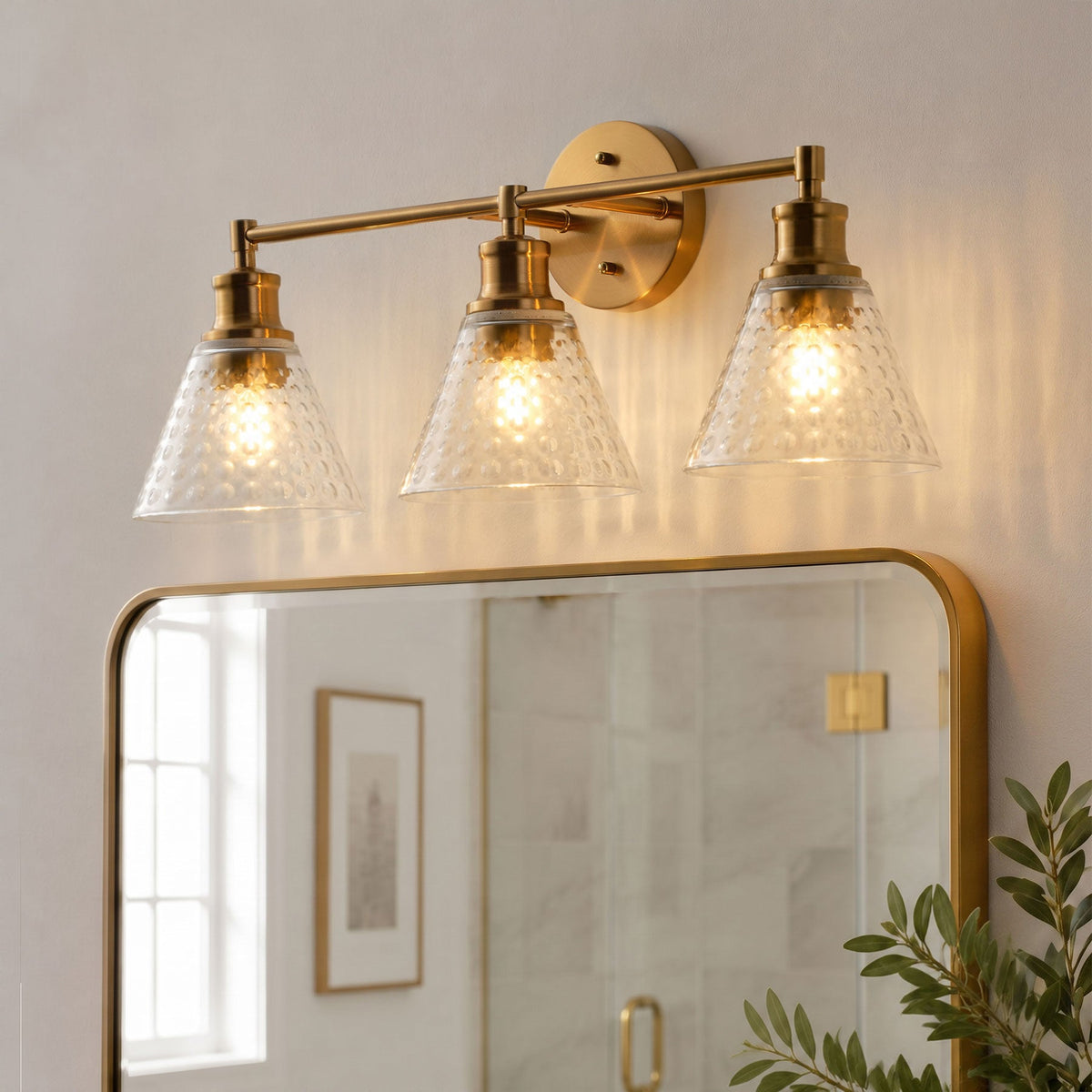 3-Lights & 4-Lights Antique Brass Glass Bathroom Vanity Light