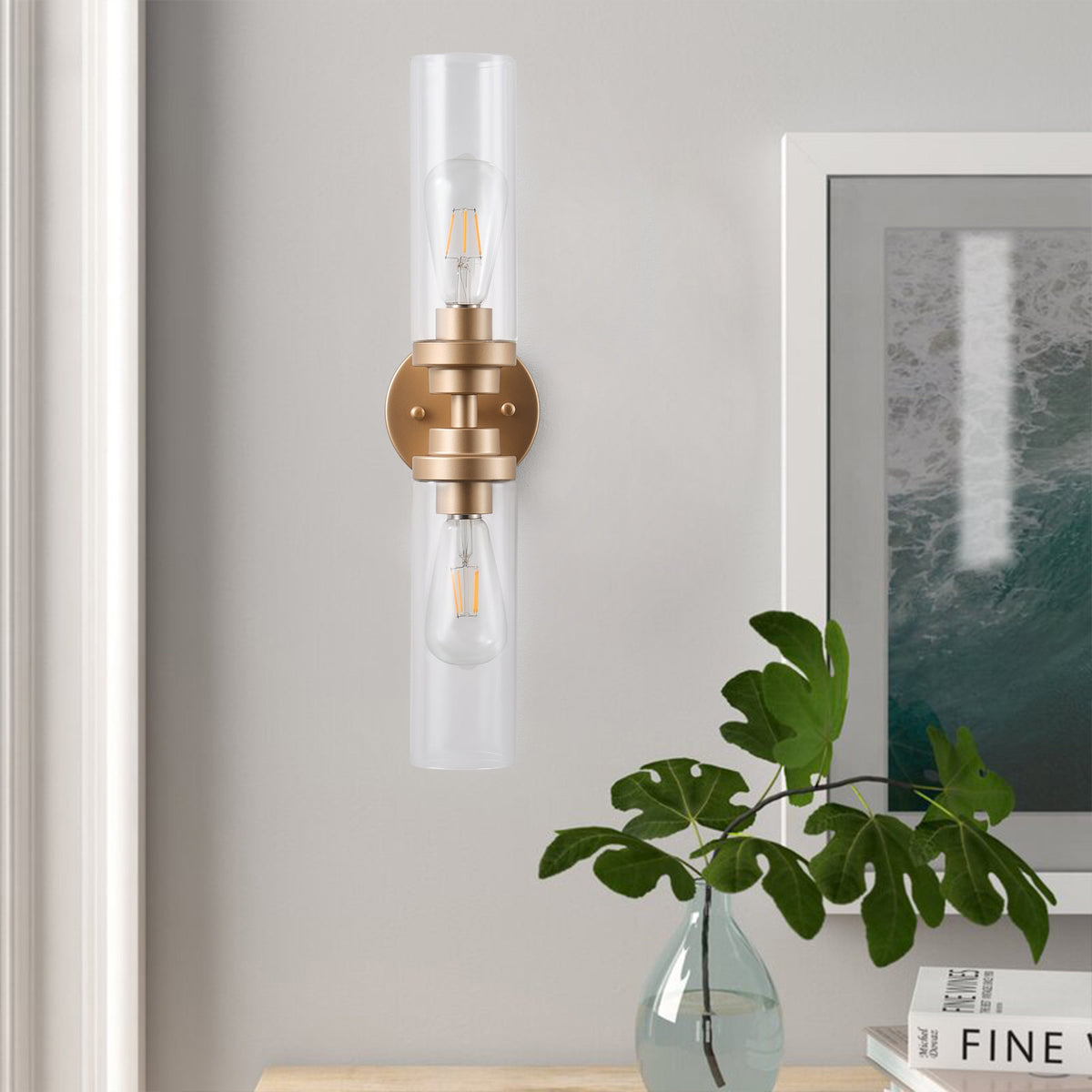 2-Light Clear Glass Cylindrical Shade Wall Sconces