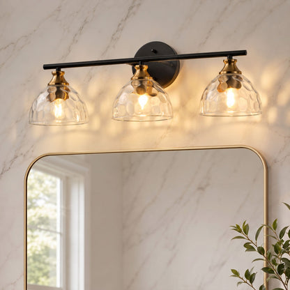 3-Light Matte Black Vanity Light with Textured Glass Shades