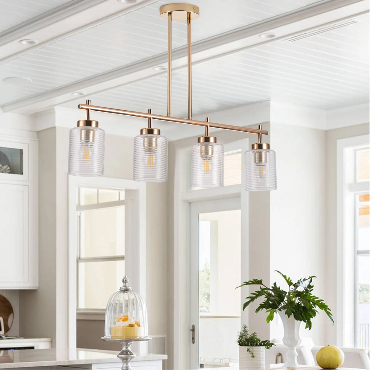 4-Light & 6-Light Gold Modern Linear Glass Shape Kitchen Island Lights