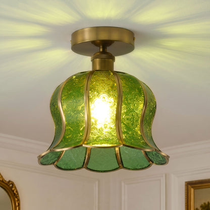 1-Light Green / Gold Semi Flush Mount Light Bedroom Glass Ceiling Light